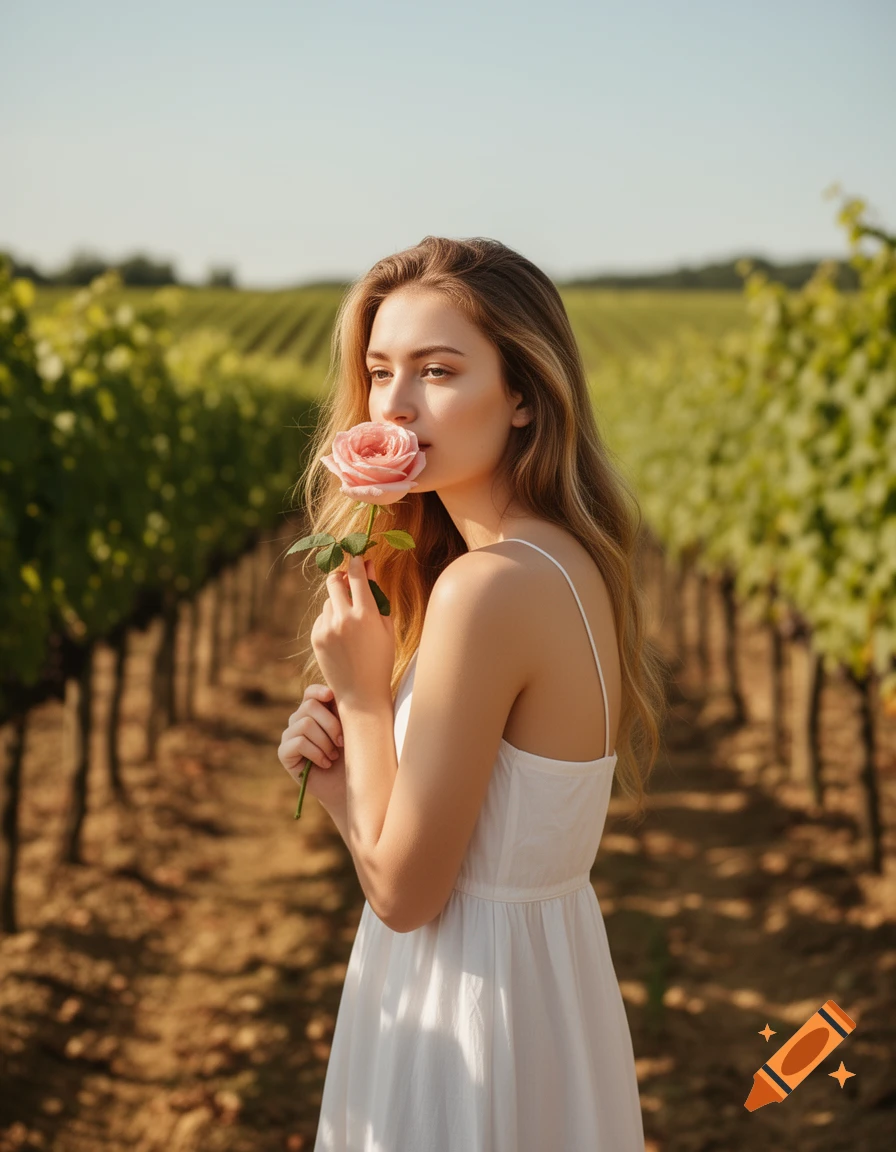 A young woman in a white dress stands in a sunny vineyard, delicately smelling a pink rose held to her nose.