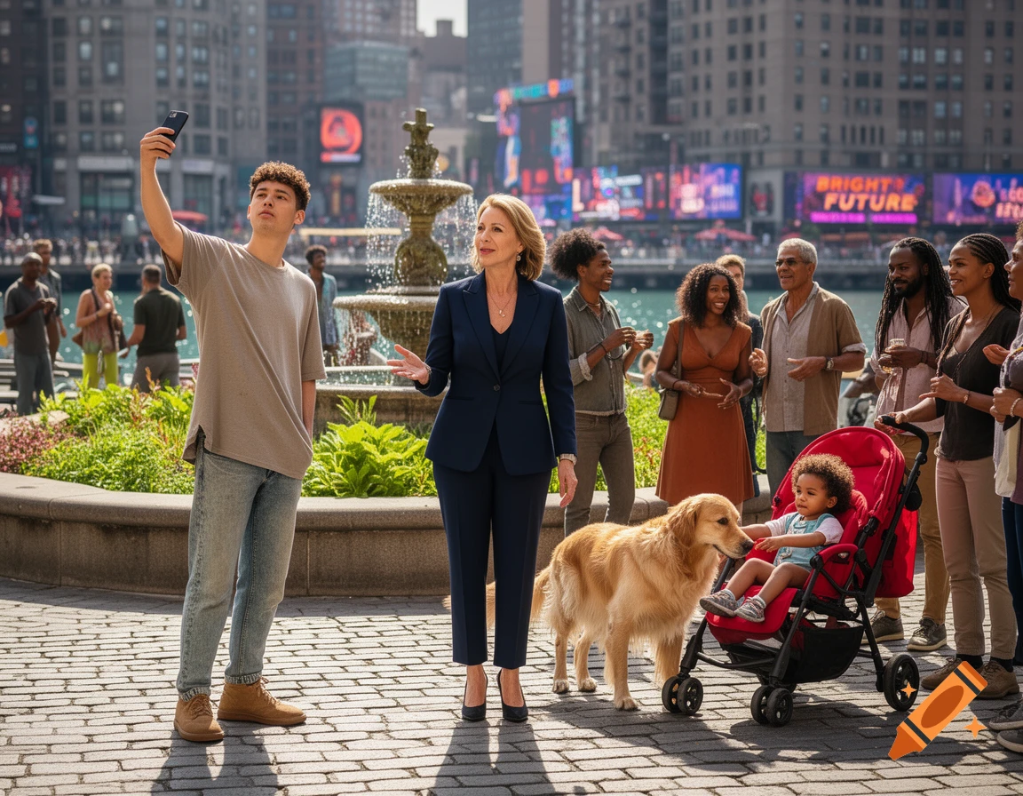 A young man takes a selfie as a woman in a suit gestures. A golden retriever stands by a baby in a red stroller, while diverse people gather in a sunny city park with buildings and billboards in the background.