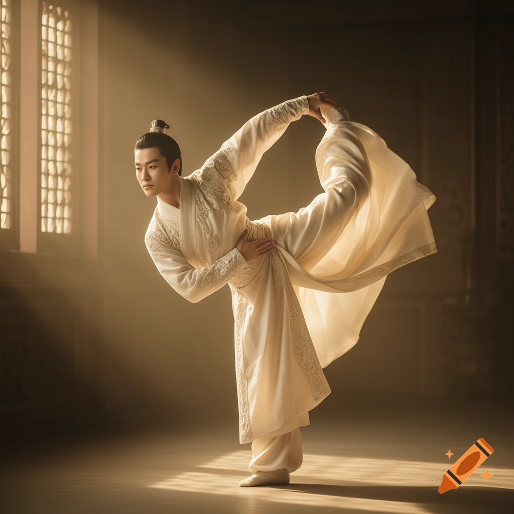 An Asian man in elegant cream traditional clothing performs a graceful dance pose in a sunlit room.