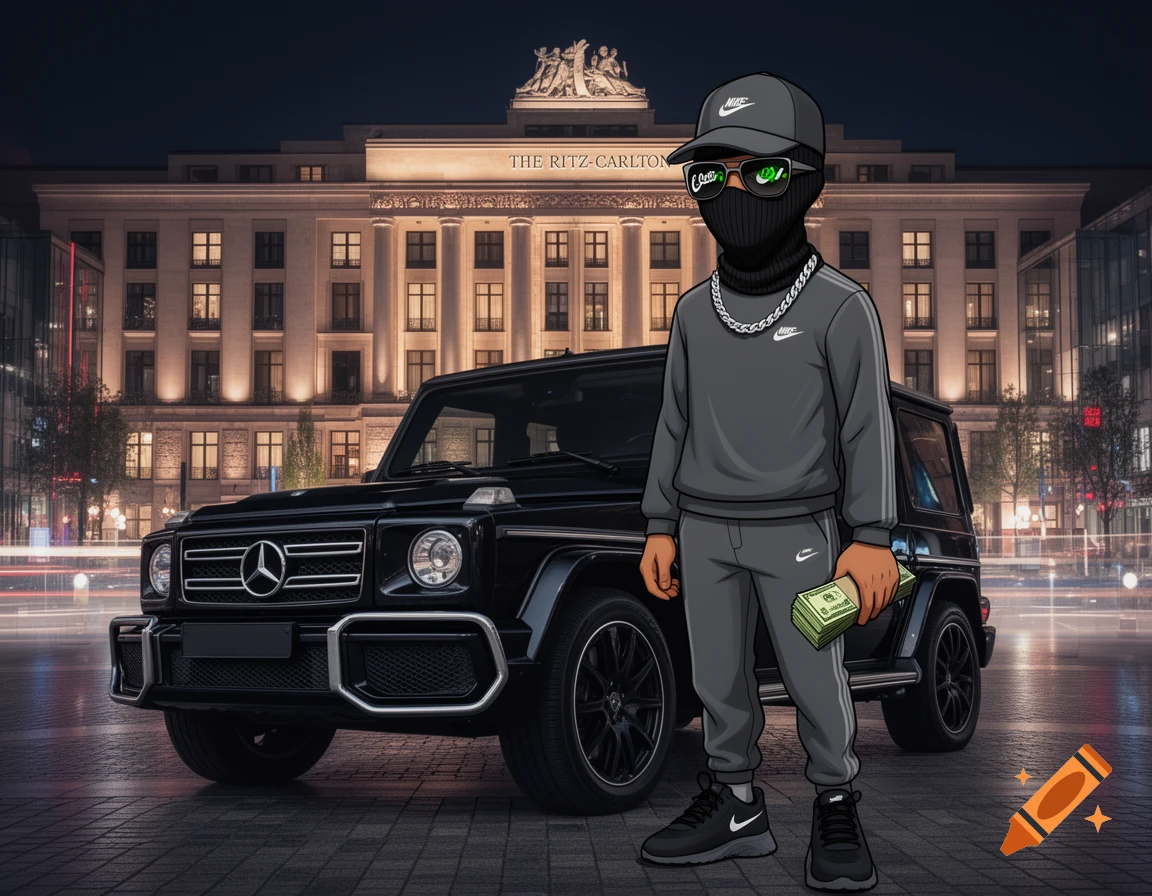 Cartoon character in a balaclava and Nike tracksuit holds cash next to a black Mercedes G-Wagon in front of The Ritz-Carlton hotel at night.