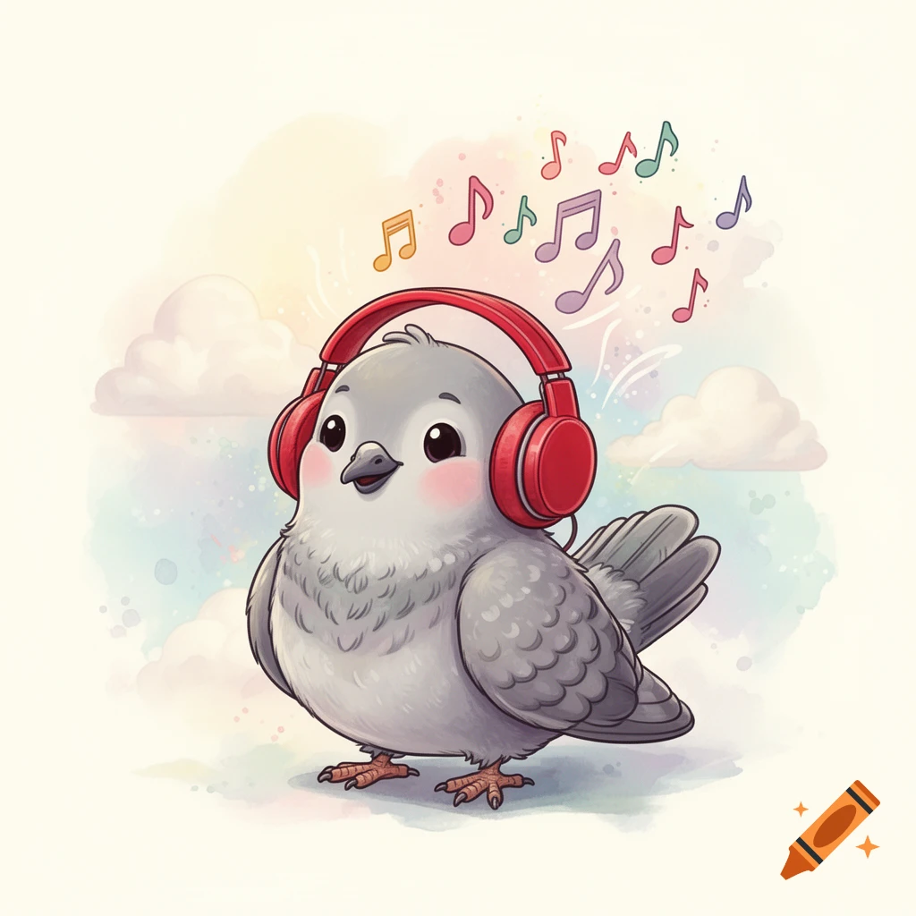 A cute gray watercolor cartoon bird wearing red headphones, with colorful musical notes floating above its head.