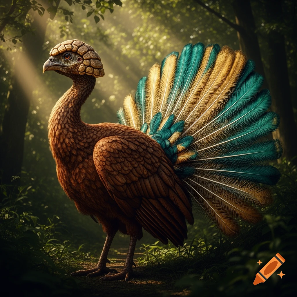 A fantasy bird with a tortoise-like head, brown scaly body, and vibrant teal and gold peacock-like tail stands in a sun-dappled forest.
