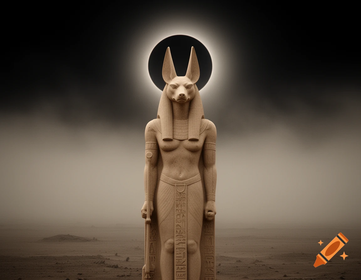 A towering stone statue of Anubis, the Egyptian god with a jackal head and human body, stands in a misty desert under a dark eclipse sky.