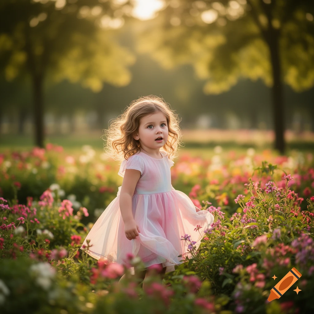 A young girl with curly hair in a pink dress stands in a sunlit field of colorful flowers.