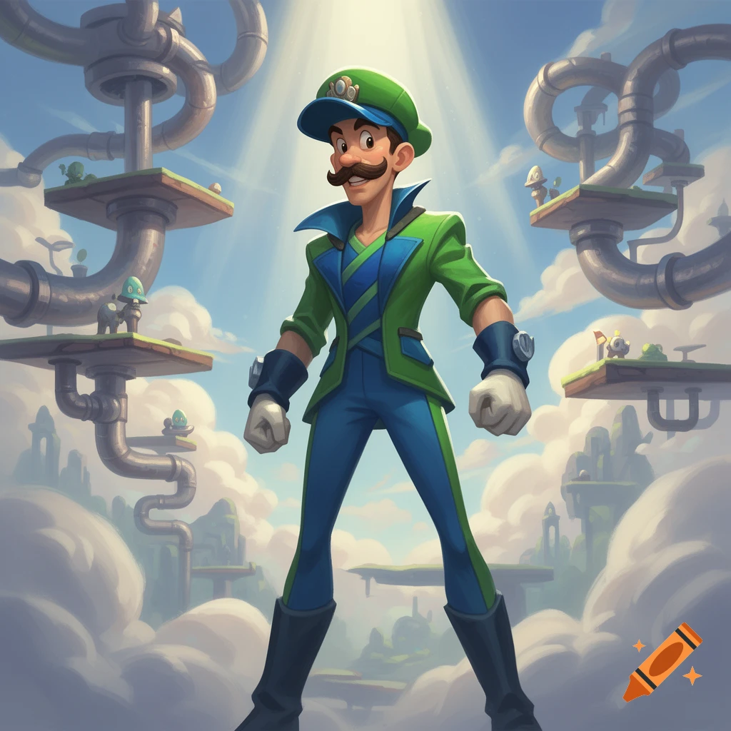 A confident, stylized male character in a green and blue suit and cap stands in a whimsical sky world with pipes and floating platforms.