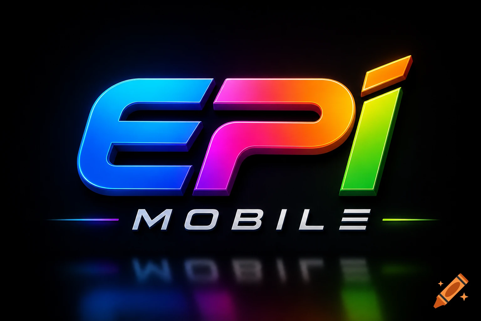 A modern 3D logo for "EPI MOBILE" with vibrant, metallic letters in blue, magenta, orange, and green, reflecting on a black surface.
