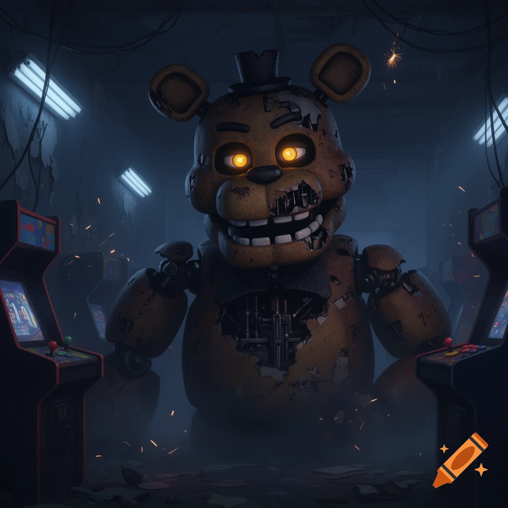 A large, weathered animatronic bear with glowing yellow eyes stands menacingly in a dark, dilapidated arcade room with old machines and flying sparks.