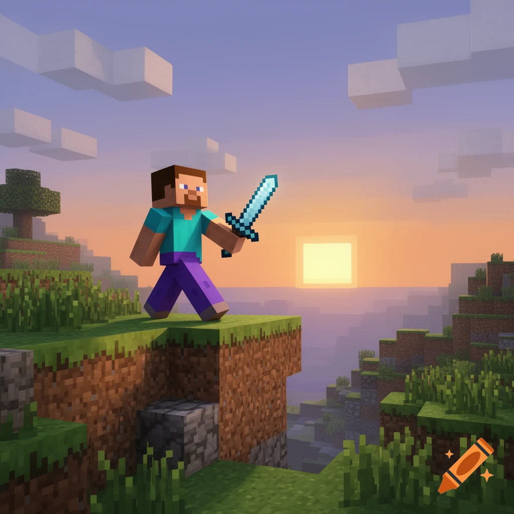 Minecraft Steve holding a diamond sword on a blocky cliff overlooking a sunset landscape.