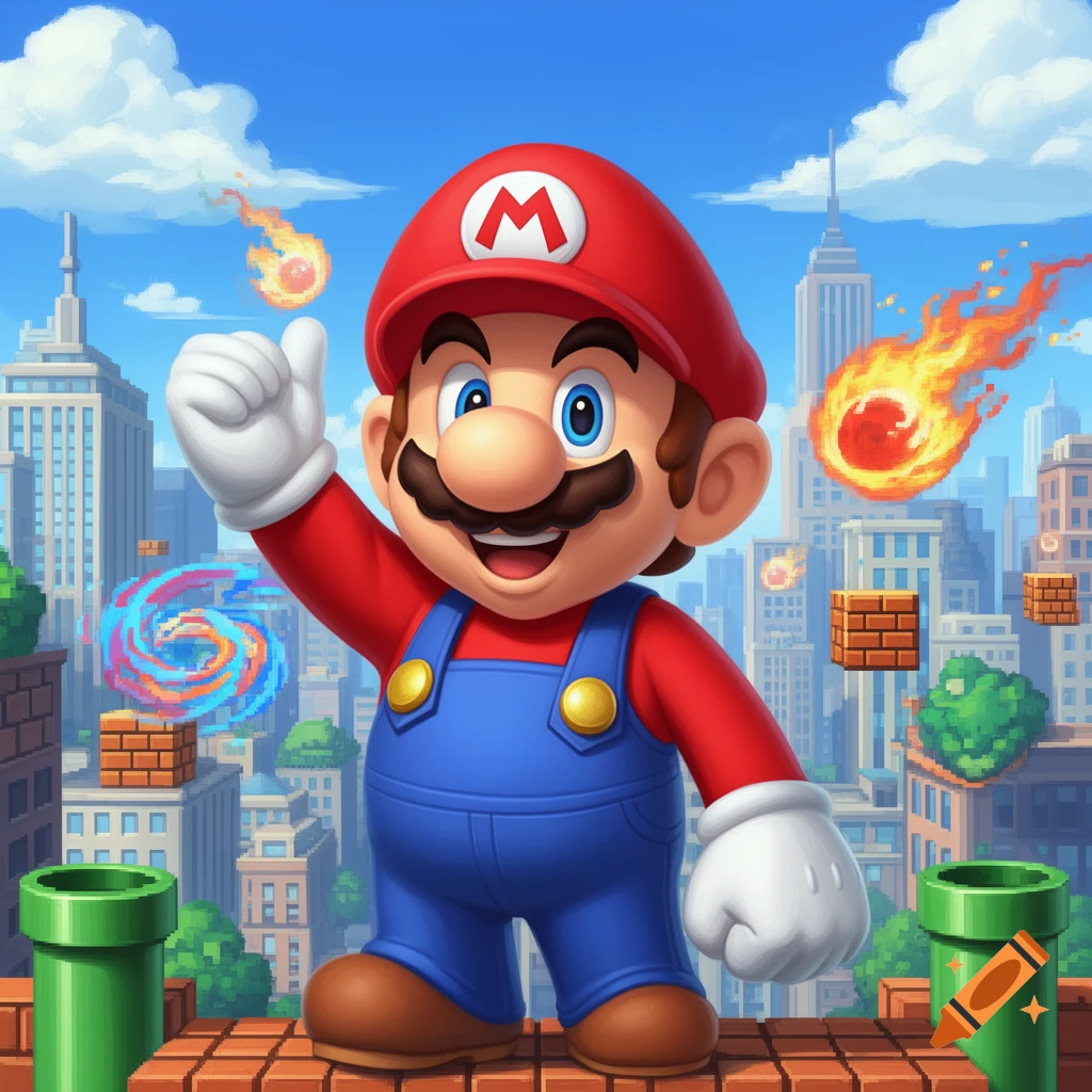Mario gives a thumbs up in a vibrant cityscape featuring pixelated fireballs, blocks, and pipes, in a stylized art style.