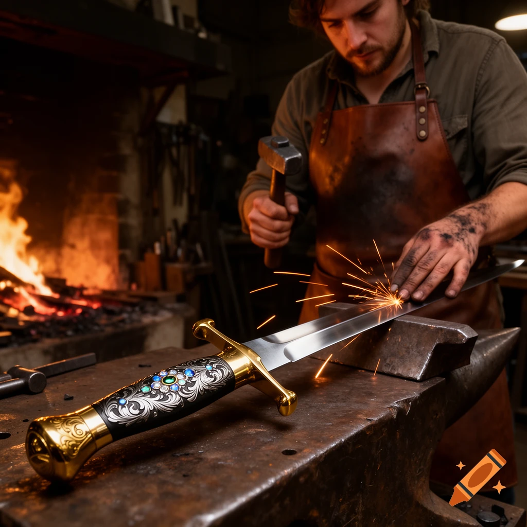 A man in a leather apron hammers a gleaming sword with an ornate, jeweled handle on an anvil, creating sparks in a dark forge.