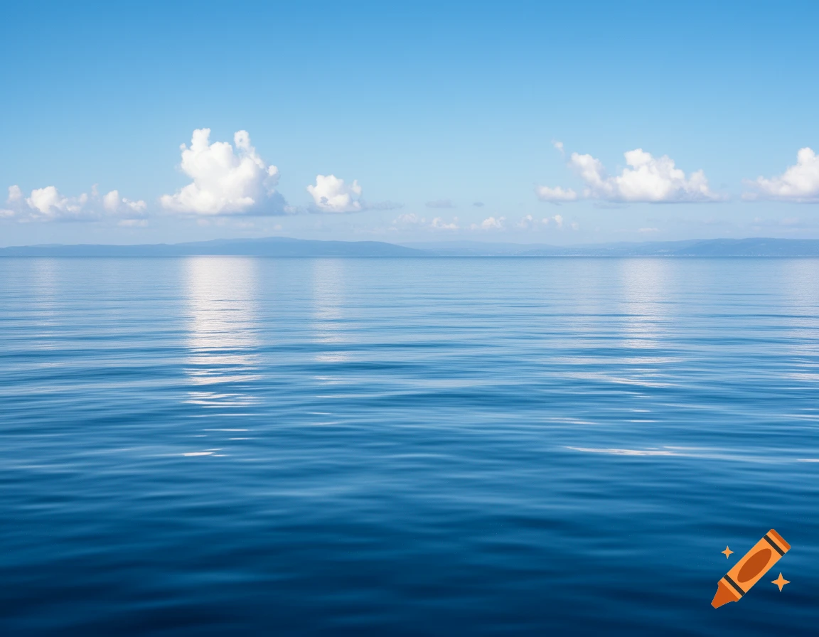 Calm blue sea reflecting a clear sky with white clouds and a distant horizon, photorealistic.