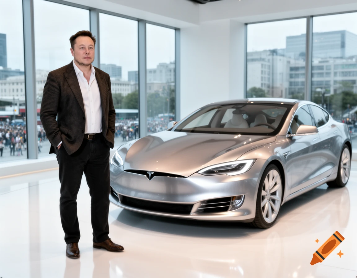 Elon Musk stands next to a silver Tesla car in a modern showroom with city buildings visible through large windows.