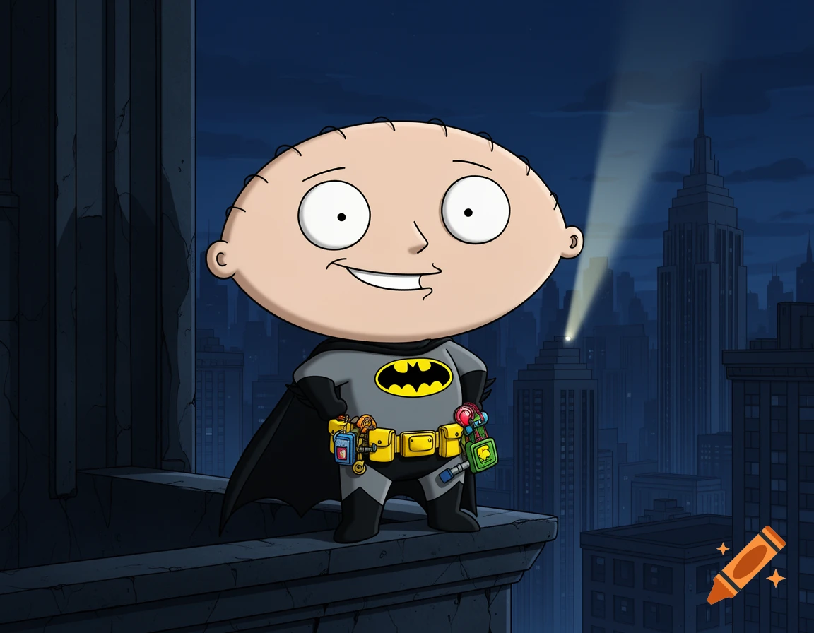 Stewie Griffin from Family Guy dressed as Batman, standing on a Gotham City rooftop with the Bat-Signal in the night sky.
