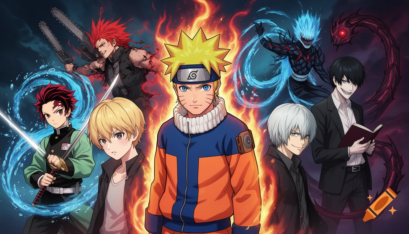 Naruto stands centrally in flames, surrounded by other anime characters including Tanjiro from Demon Slayer and characters from Chainsaw Man, Tokyo Ghoul, and Death Note, with water and fiery effects.