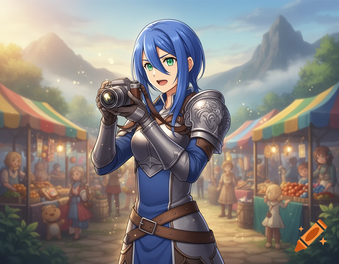 Anime character in blue and silver armor holds a camera, smiling at a vibrant fantasy market with colorful stalls and distant mountains.