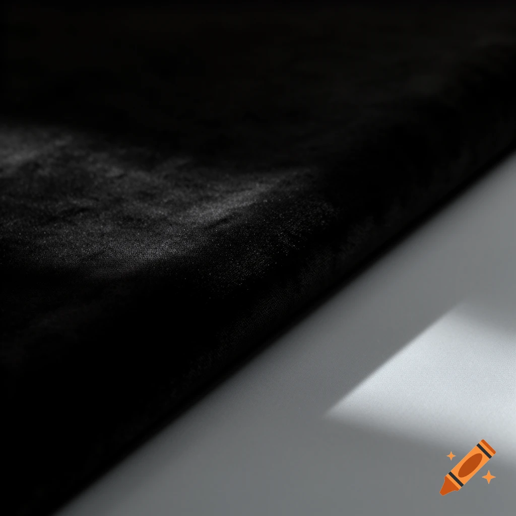 A diagonal composition with dark, textured fabric filling the top left, contrasted by a light grey surface with shadows on the bottom right.