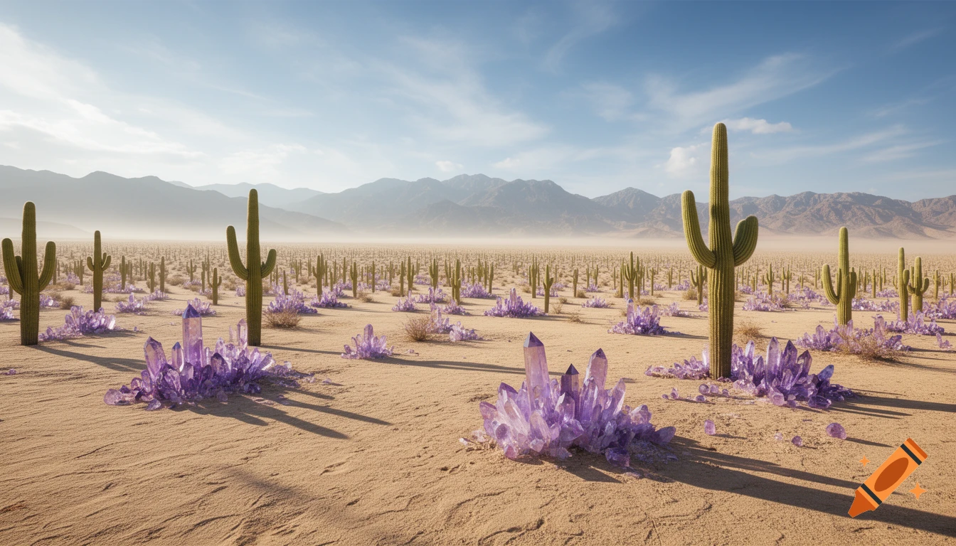 Vast desert landscape with saguaro cacti, glowing purple crystals, and distant mountains under a bright sky.
