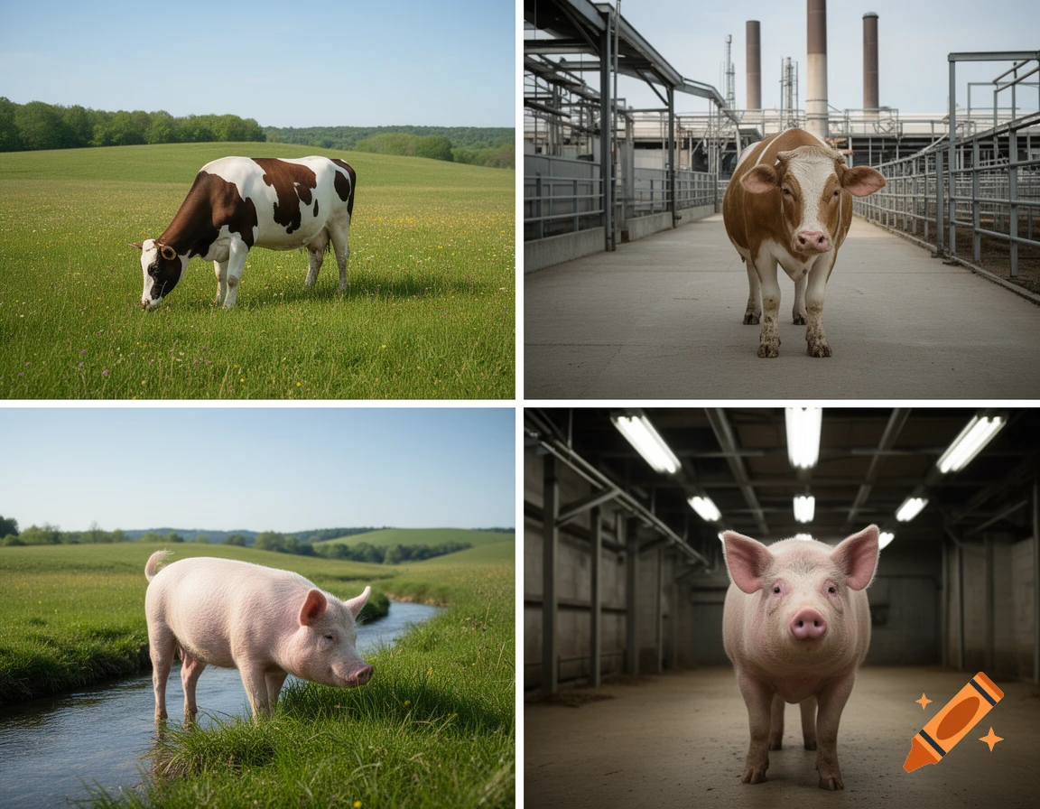 A collage of four photorealistic images featuring cows and pigs in green pastures and industrial farm environments.