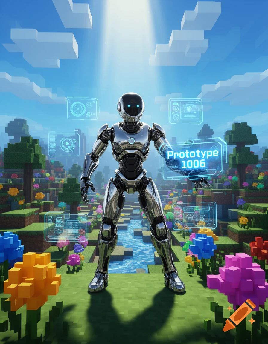 A metallic robot with a glowing chest stands in a vibrant blocky world, holding a holographic screen displaying 'Prototype 1006'.
