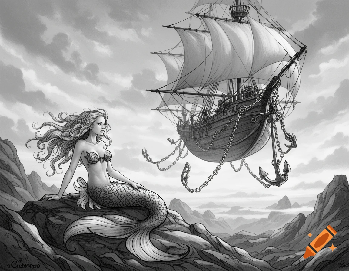 A grayscale drawing of a mermaid sitting on rocks, looking at a flying pirate ship in a cloudy sky.
