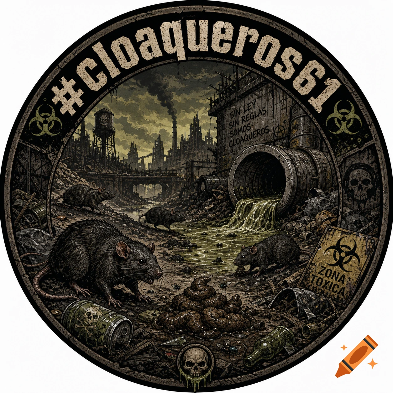 A circular, gritty industrial logo depicting a dystopian urban wasteland with rats, sewage, and trash, featuring '#cloaqueros61' text.