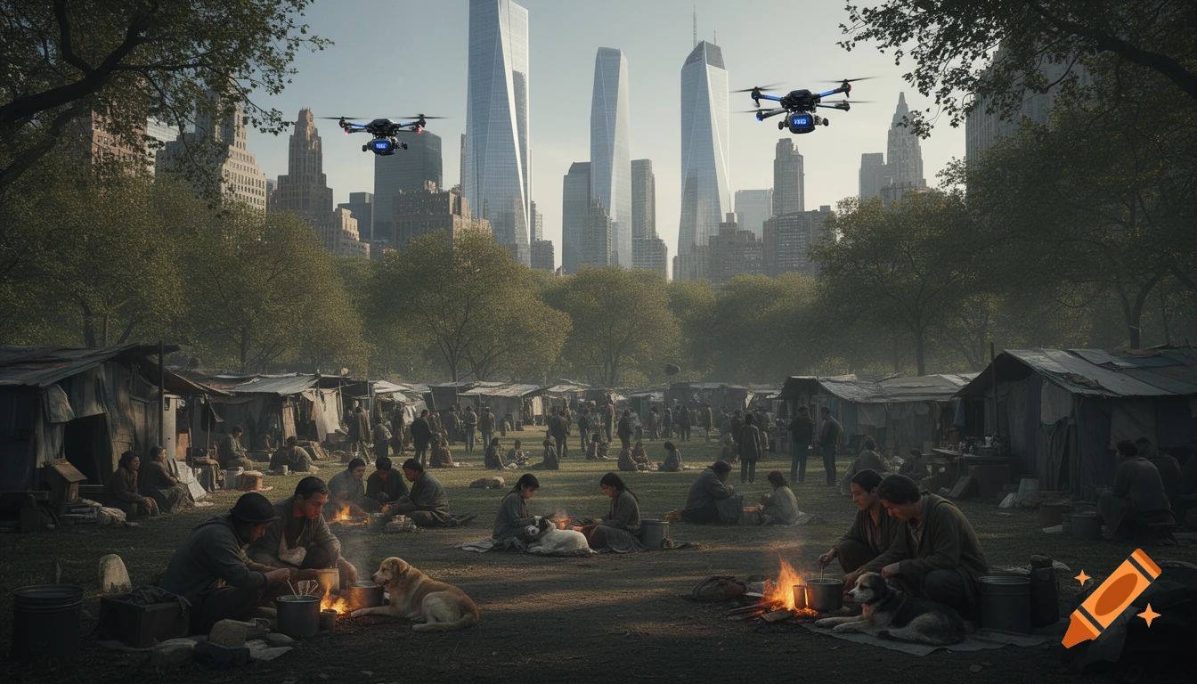 A dystopian vision of Central Park with a shantytown of homeless people and families with pets, overlooked by towering futuristic skyscrapers, with police drones hovering above. The scene includes people cooking over open fires.