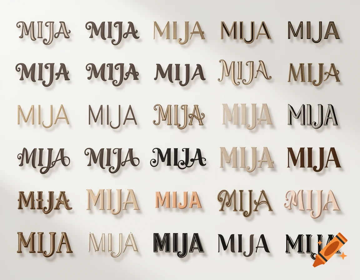 The word MIJA written in many different creative fonts and styles, arranged on a white background.