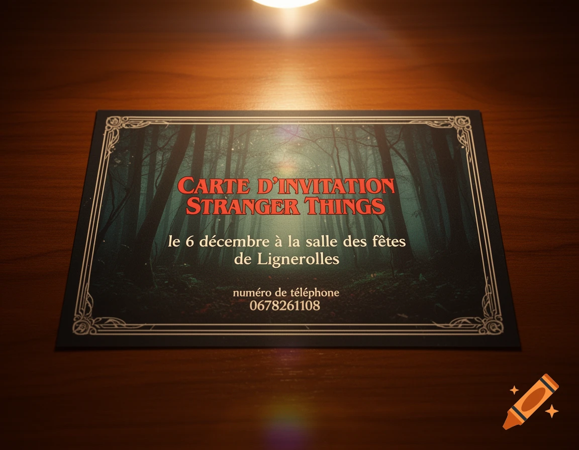 An invitation card for a Stranger Things themed party on a wooden table, illuminated by a light source from above. The card features a dark, misty forest background with red text.