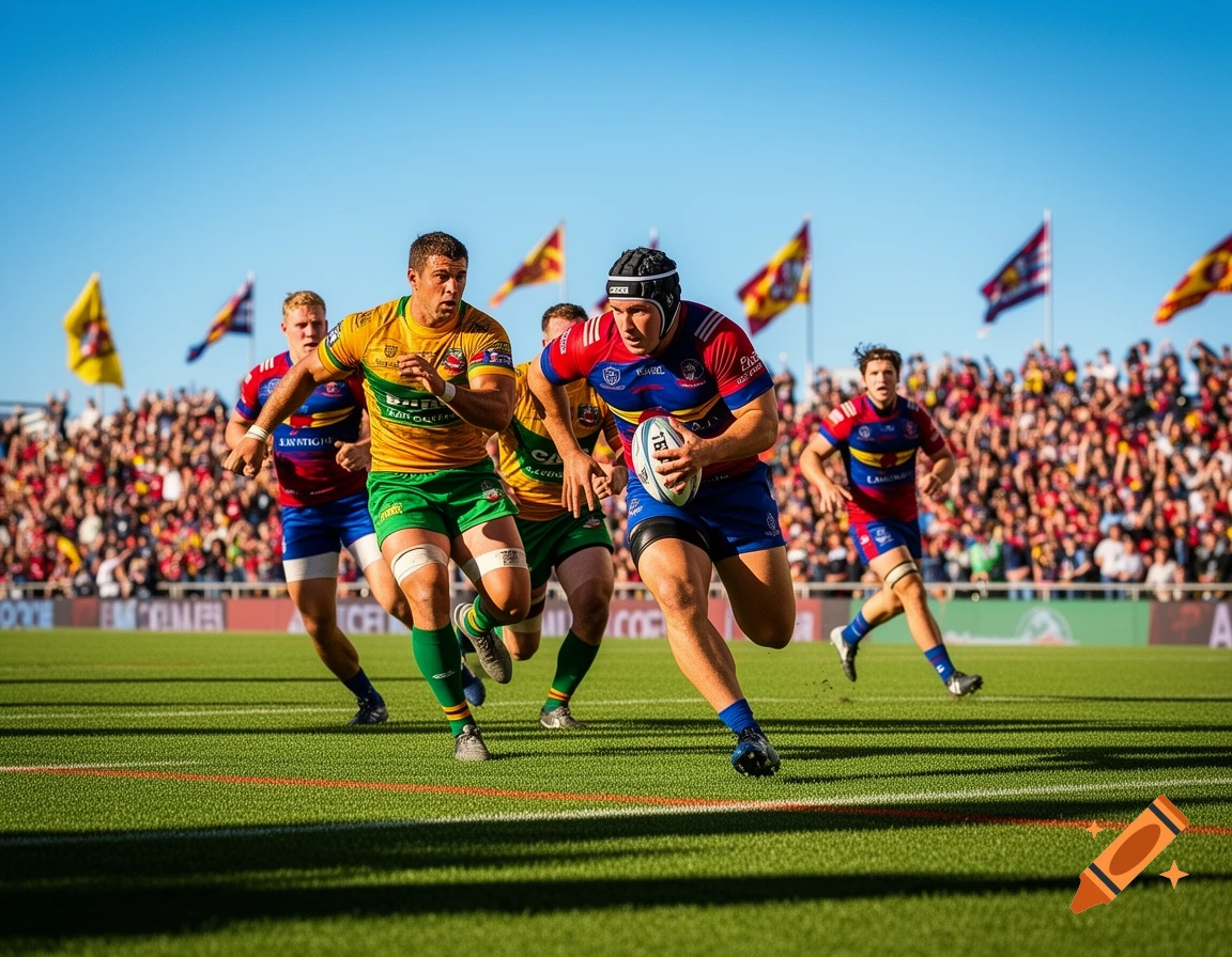 Rugby players in yellow and blue uniforms run across a green field with a rugby ball, cheered on by a crowd in the background on a sunny day.