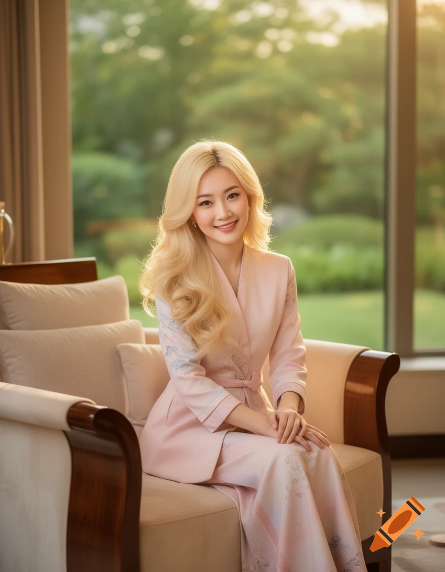 A smiling Asian woman with long blonde hair, wearing a pink patterned suit, sits on a cream armchair by a window with a garden view.