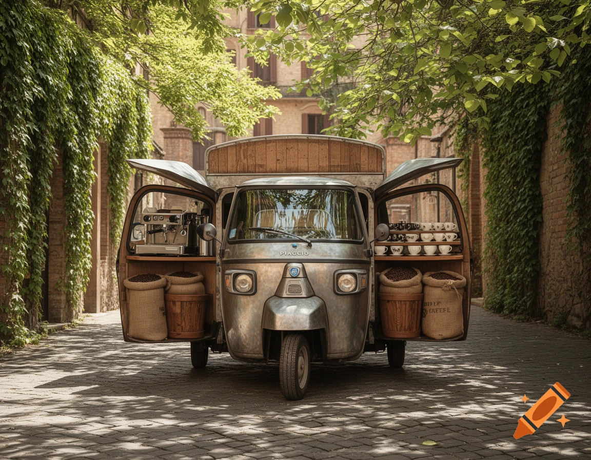A rustic Piaggio Ape TM 703 coffee mobile with open wing doors, an espresso machine, and coffee beans, parked on a cobblestone street lined with ivy and trees.
