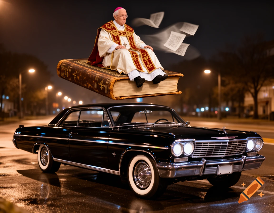 A Pope in robes sits on a giant floating book above a black vintage car on a wet street at night, with papers flying.