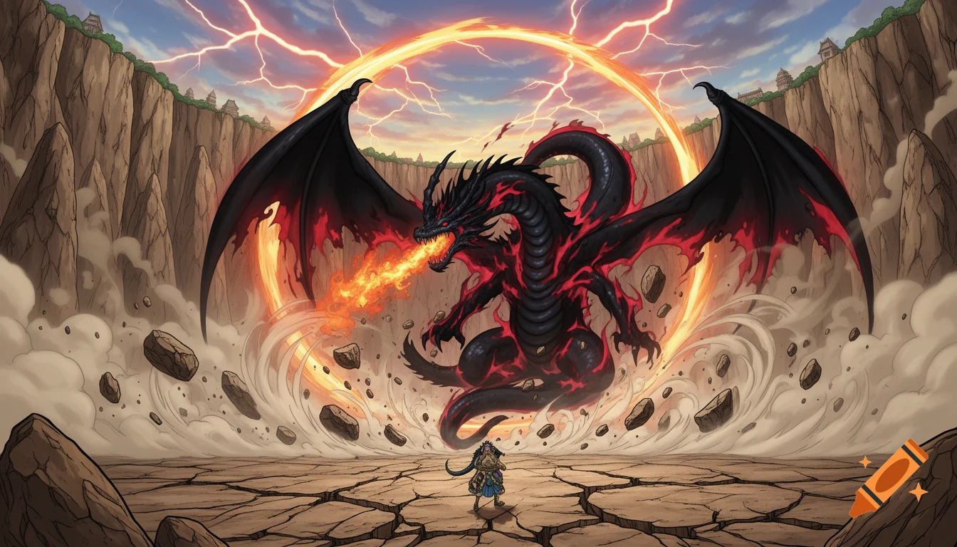 A colossal black dragon with red markings breathes fire at a small warrior on cracked earth under a stormy sky with lightning, in manga style.