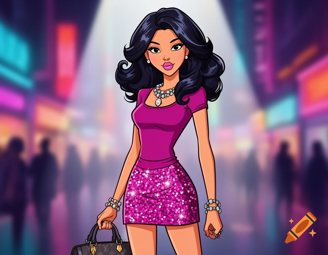 A cartoon woman with dark hair in a pink top and sequined skirt holds a handbag against a blurred city background.