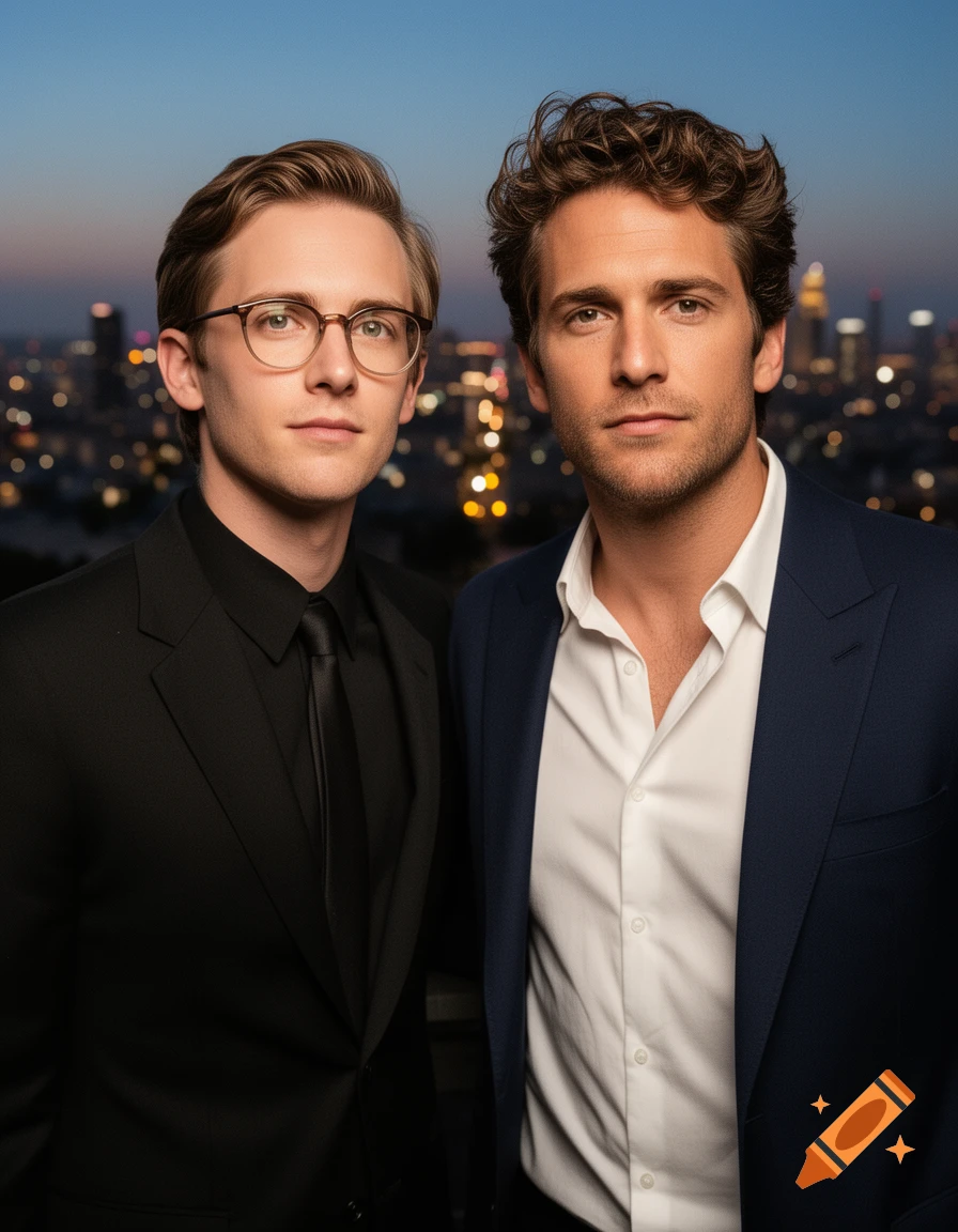 Two men in suits, one with glasses, stand against a blurred city skyline at dusk.