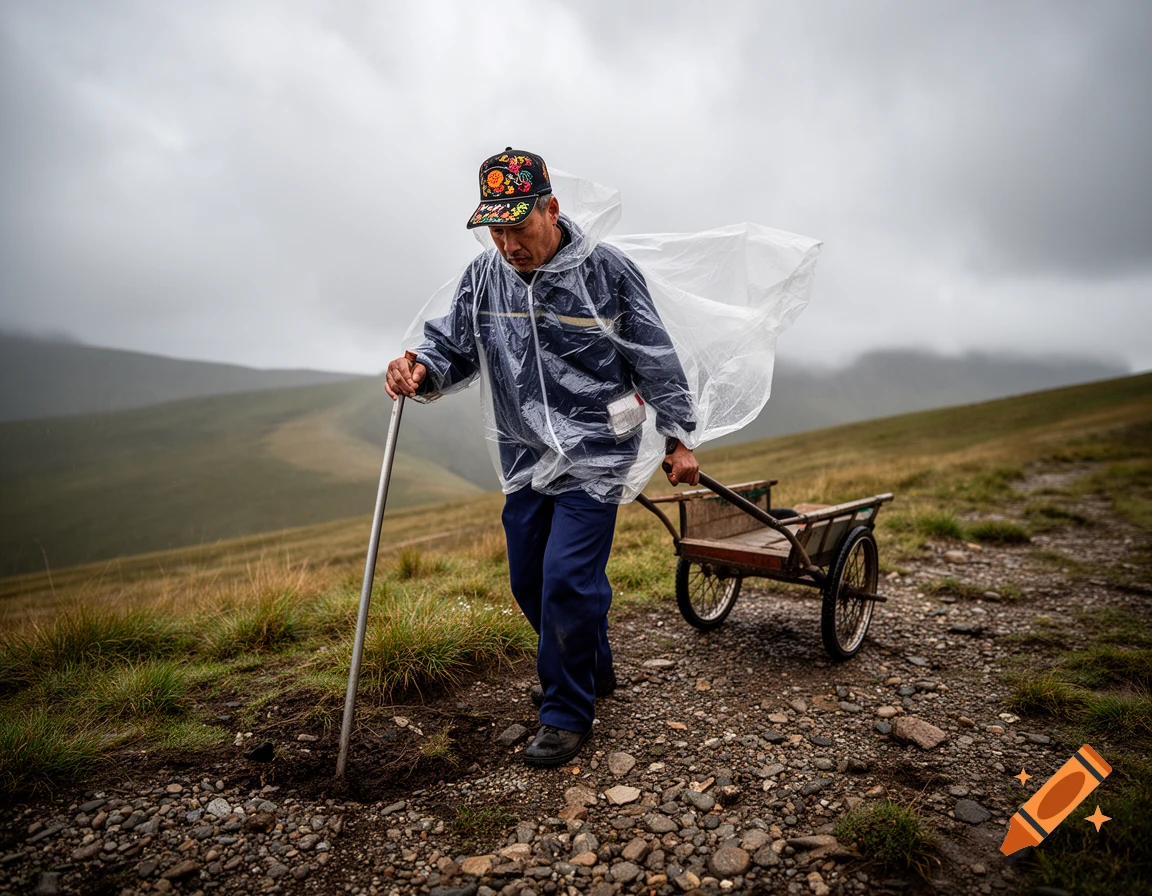 A man in a clear plastic poncho and colorful hat walks a rocky path, pushing a cart and using a stick under an overcast sky.