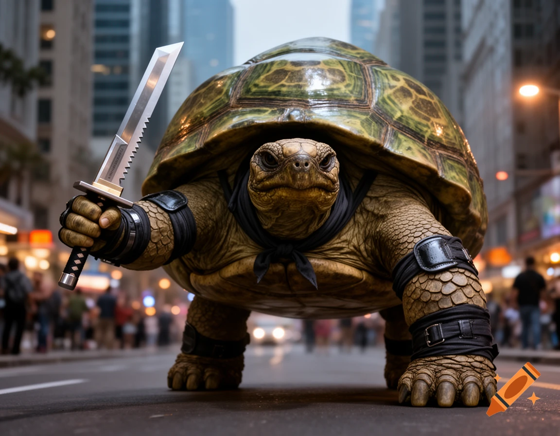 A giant, anthropomorphic tortoise wearing a black bandana and armbands holds a sword in a blurry city street, photorealistic.