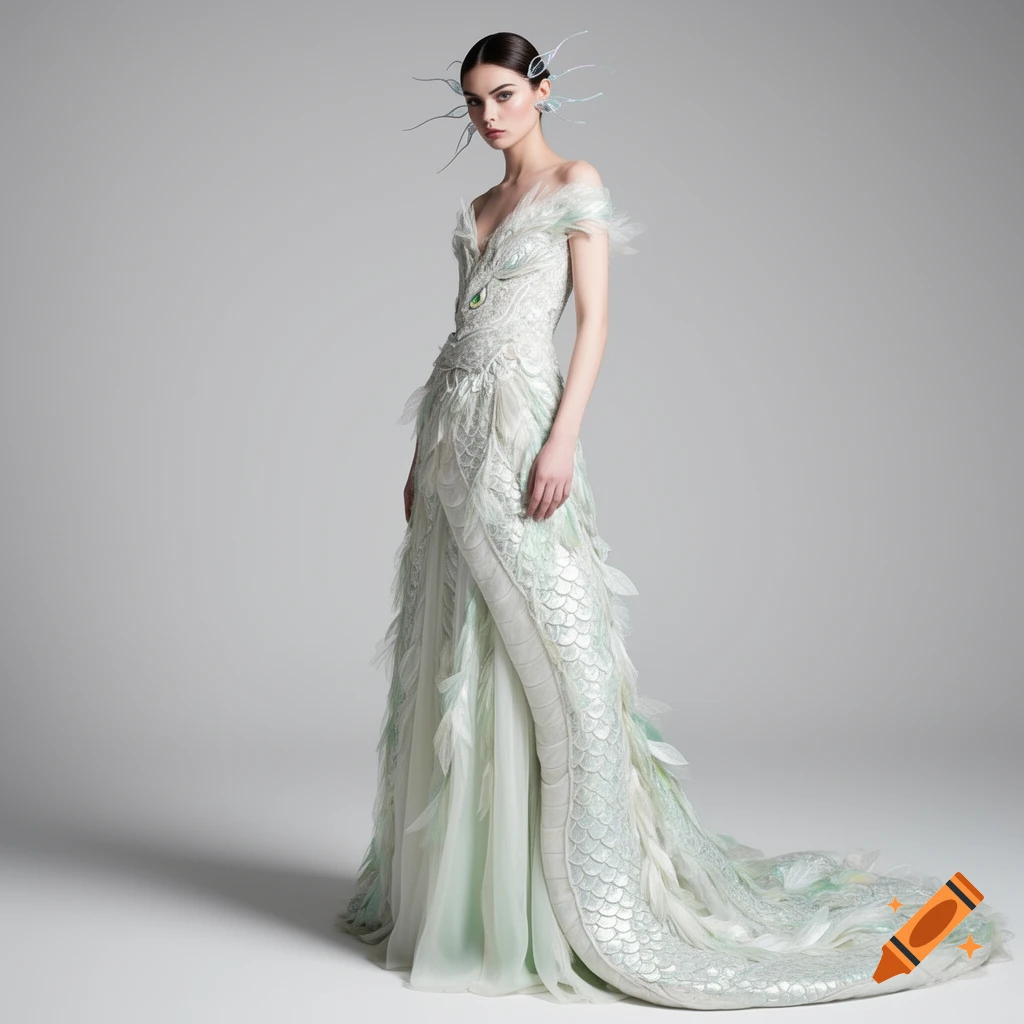 A model in an elegant, white and mint-green gown with intricate scale patterns and feather-like details, inspired by a dragon.
