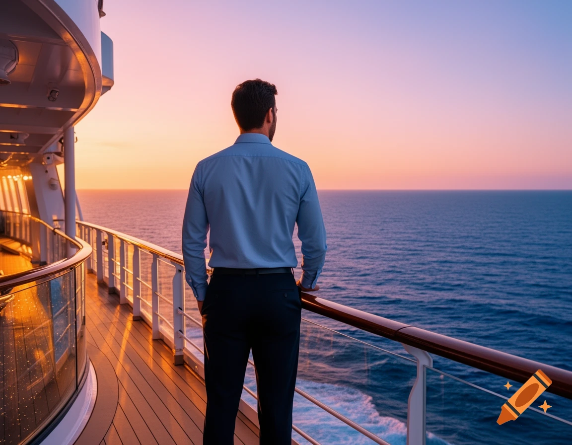 Man in a blue shirt standing on a cruise ship deck, looking at the ocean during sunset.