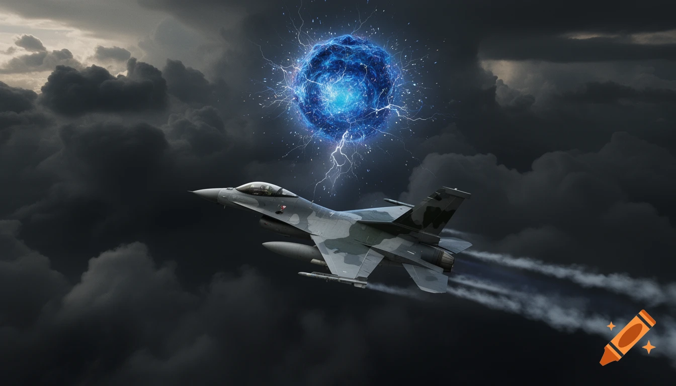 An F-16 fighter jet flies through dark, stormy clouds, with a glowing blue sphere and lightning above it.