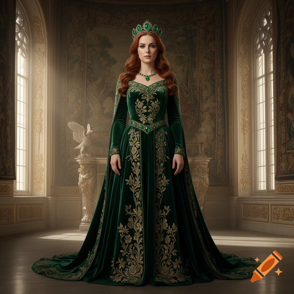 A red-haired woman in an emerald green velvet gown with gold embroidery and an emerald crown stands in a grand palace hall.