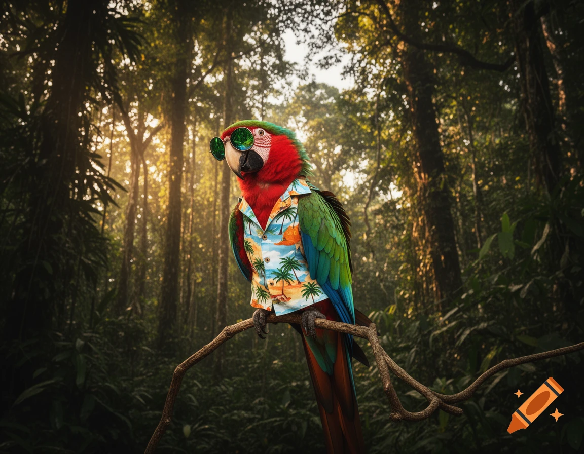 A colorful parrot wearing green sunglasses and a Hawaiian shirt sits on a branch in a lush, sun-dappled jungle.