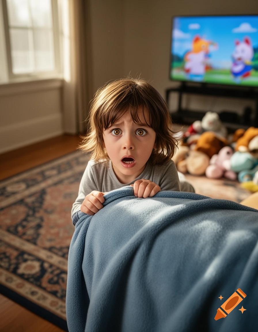 A young child with wide, scared eyes looks directly at the camera, clutching a blue blanket. A blurred TV and toys are in the background.