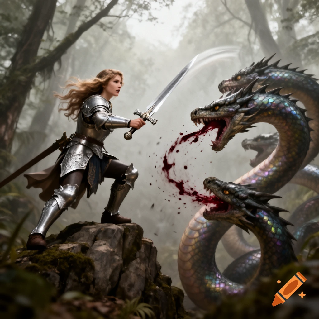 A female knight in armor slays a multi-headed serpent with a sword in a misty fantasy forest.