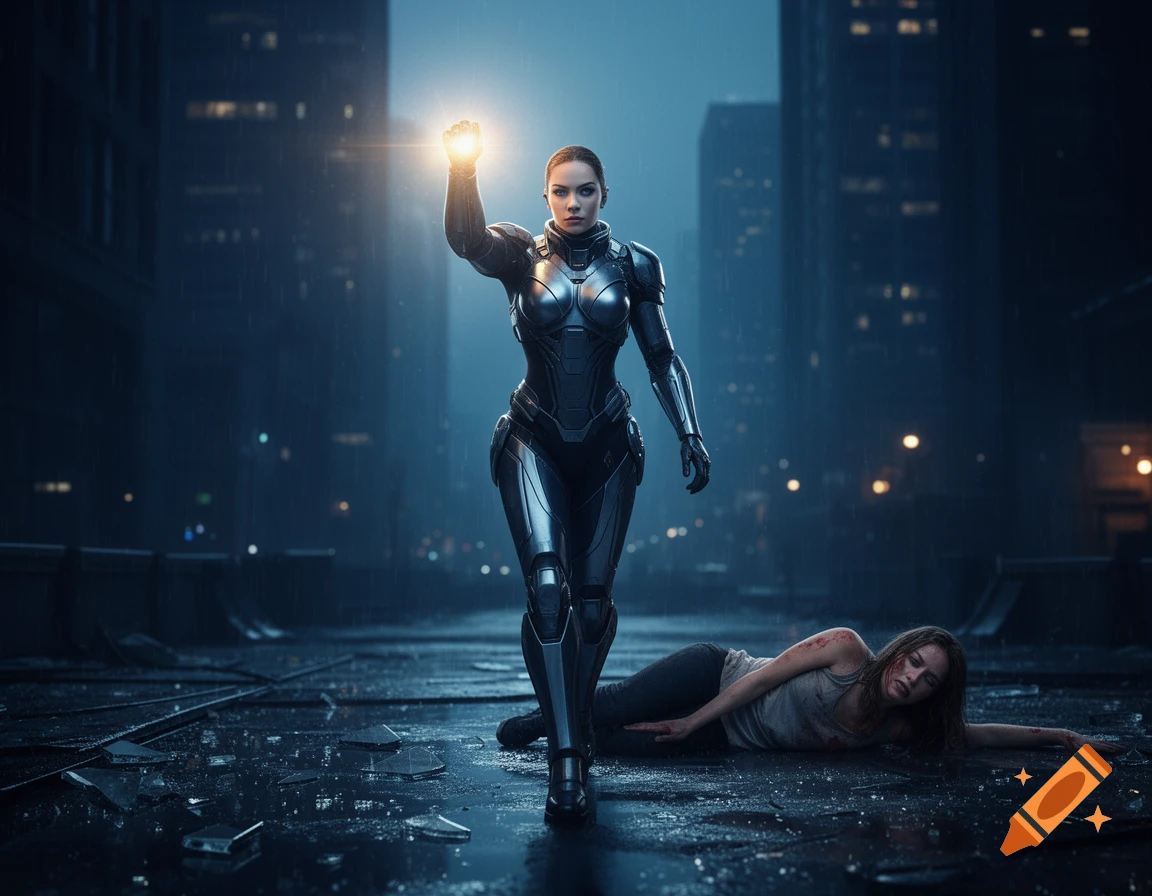 A futuristic armored woman with a glowing fist approaches an injured woman lying on a dark, rainy city street. Photorealistic style.
