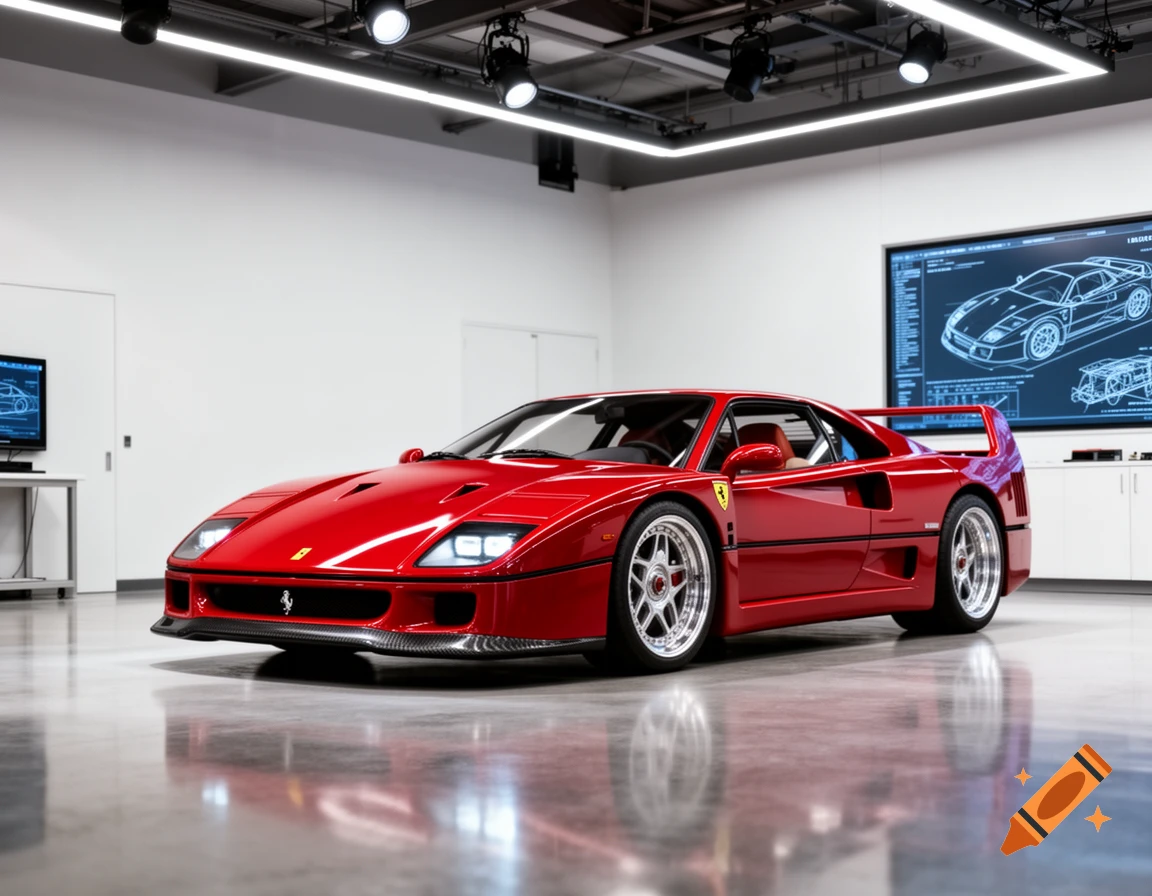 A modern interpretation of a red Ferrari F40 sports car, parked in a sleek, brightly lit showroom with technical blueprint screens in the background.