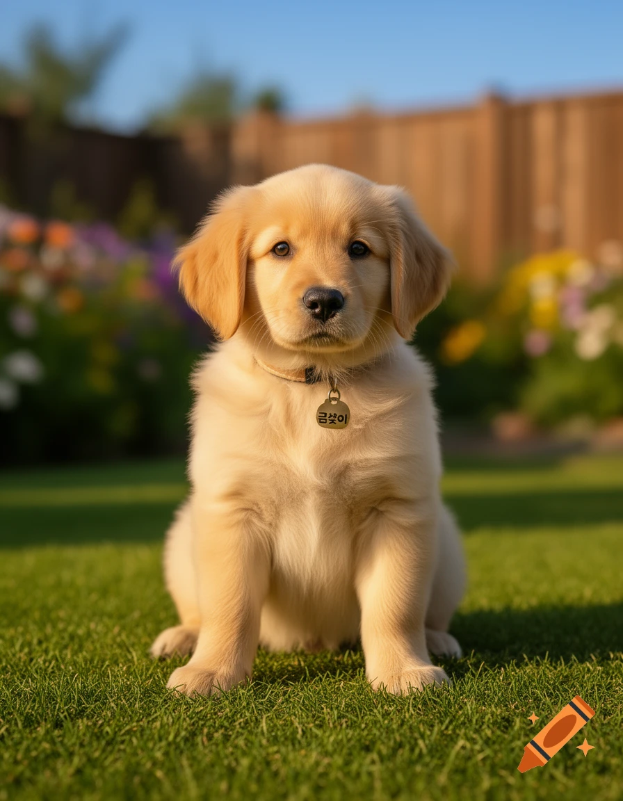 A golden retriever puppy sitting on green grass in a sunny garden, wearing a tag around its neck.