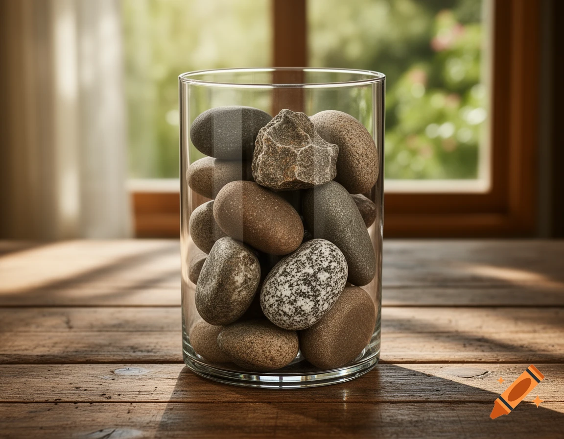 A clear glass jar filled with smooth, natural stones sits on a wooden table, illuminated by sunlight from a window.