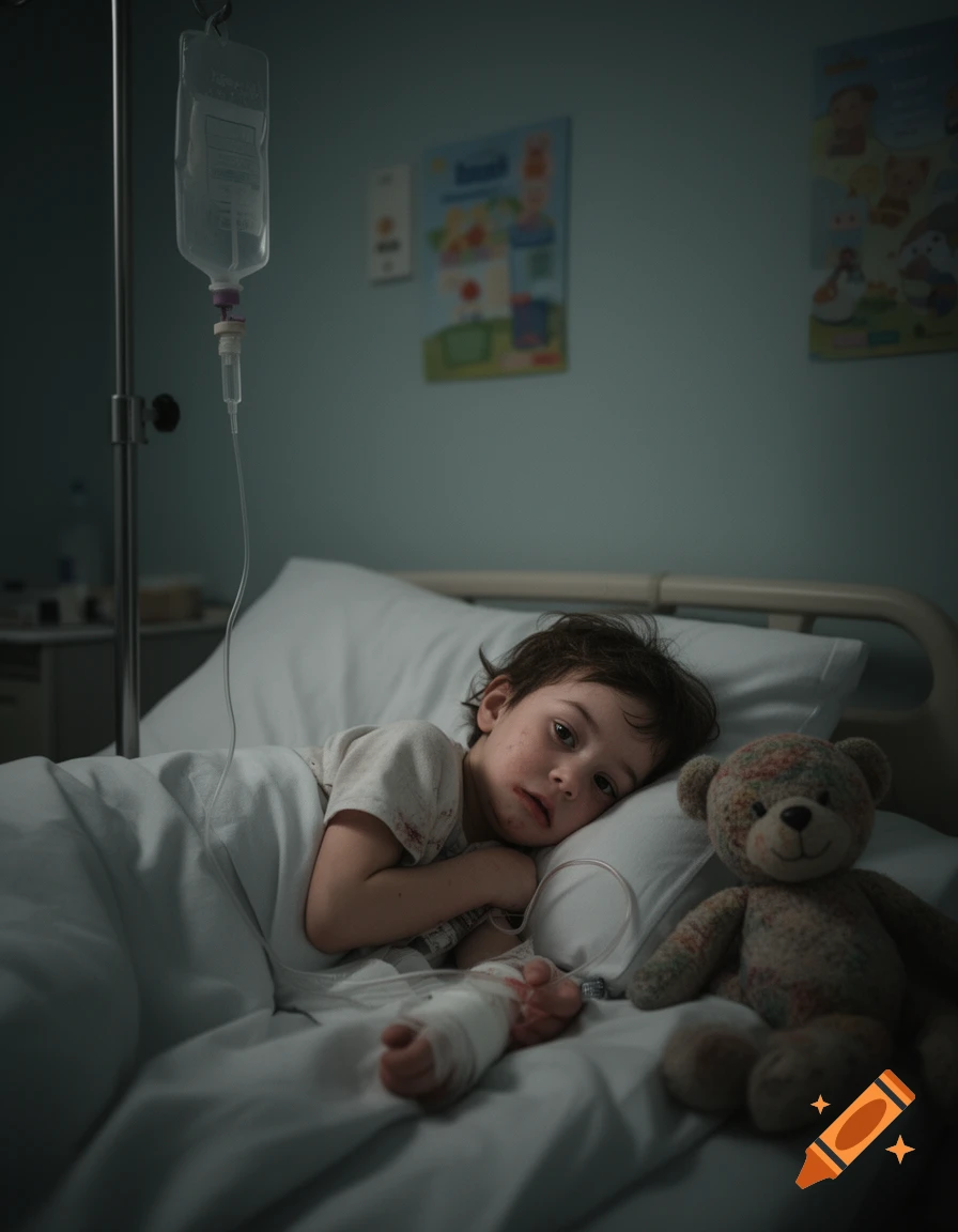 A sad-looking child lies in a hospital bed with an IV drip, a bandaged arm, and a teddy bear next to them in a dimly lit room.