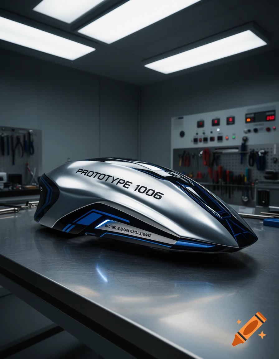 Sleek silver and blue prototype vehicle on a metallic table in a workshop, photorealistic style.